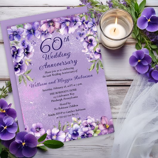 Elegant Purple Violets 60th Wedding Anniversary  Kaart