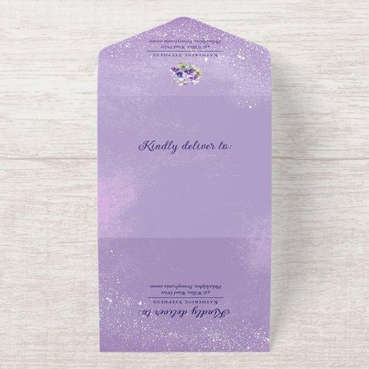 Elegant Purple Violets Floral 100th Birthday Party All In One Uitnodiging (Buiten)