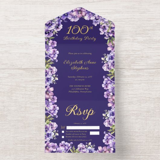 Elegant Purple Violets Floral 100th Birthday Party All In One Uitnodiging (Binnenkant)