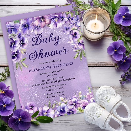 Elegant Purple Violets Floral Baby Shower Kaart
