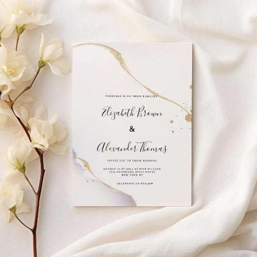 Elegant purple watercolor gold glitter wedding  kaart