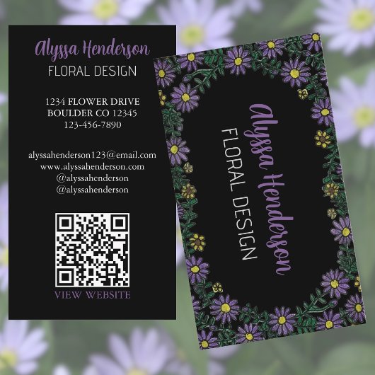 Elegant Purple & Yellow Floral QR Code Florist Visitekaartje
