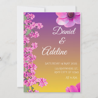 Elegant Purple Yellow Floral Wedding Invitation Kaart