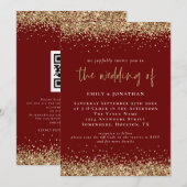 Elegant QR Burgundy Gold Glitter Weddenschap Kaart (Voorkant / Achterkant)