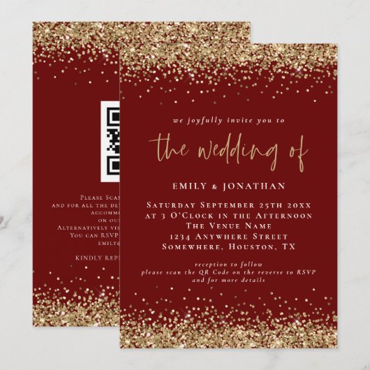 Elegant QR Burgundy Gold Glitter Weddenschap Kaart (Voorkant / Achterkant)