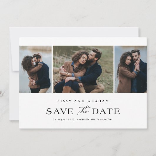 Elegant QR Code 3 Photo Wedding Save The Date (Voorkant)