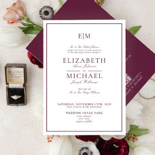 Elegant QR Code Burgundy Classic Monogram Weddensc Kaart