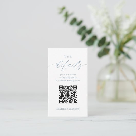 Elegant QR Code Dusty Blue Wedding Details Informatiekaartje (Staand voorkant)