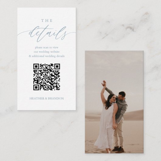 Elegant QR Code Dusty Blue Wedding Details Informatiekaartje (Voorkant / Achterkant)