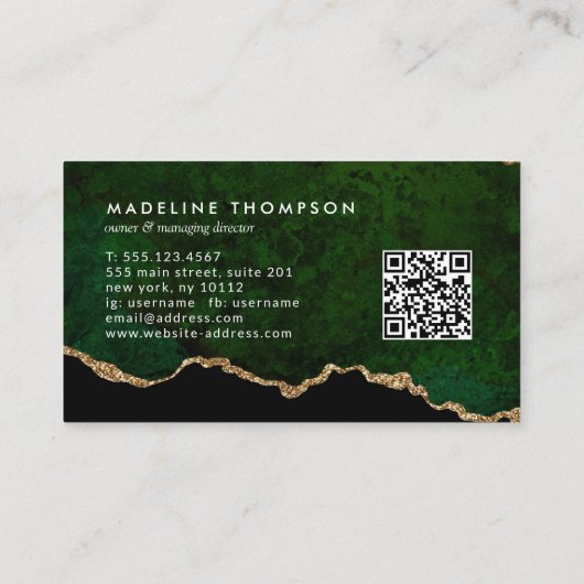 Elegant QR Code Emerald Green Marble Agate Geode Visitekaartje (Achterkant)