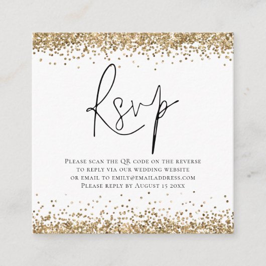 Elegant QR Code Gold Glitter Weddenschap RSVP Informatiekaartje (Voorkant)