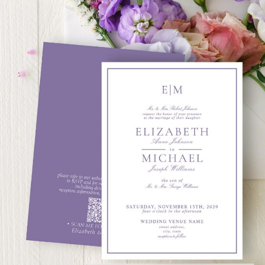 Elegant QR Code Lavender Classic Monogram Weddensc Kaart