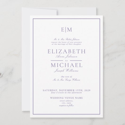 Elegant QR Code Lavender Classic Monogram Weddensc Kaart (Voorkant)