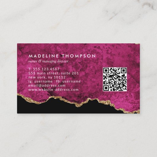 Elegant QR Code Magenta Pink  Marble Agate Geode Visitekaartje (Achterkant)