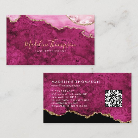 Elegant QR Code Magenta Pink  Marble Agate Geode Visitekaartje (Voorkant / Achterkant)