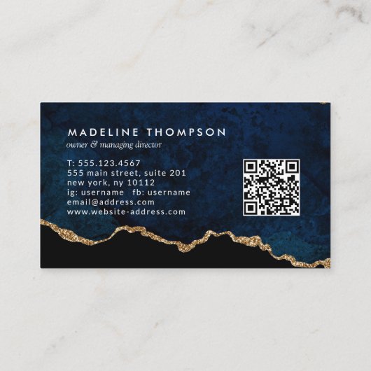 Elegant QR Code Navy Blue Marble Agate Geode Visitekaartje (Achterkant)