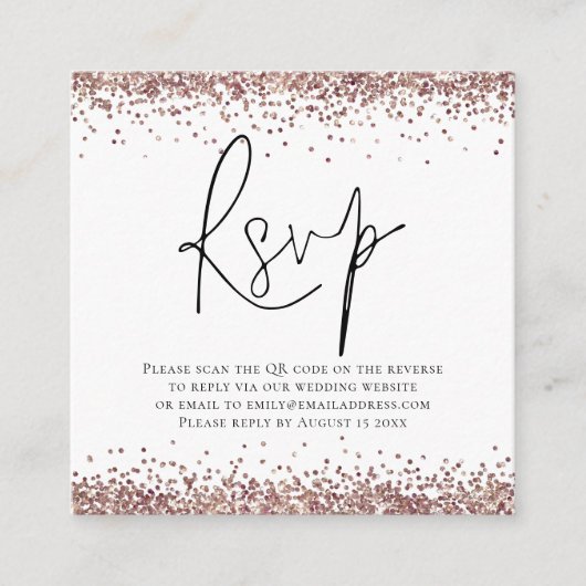 Elegant QR Code Roos Gold Glitter Wedding RSVP Informatiekaartje (Voorkant)