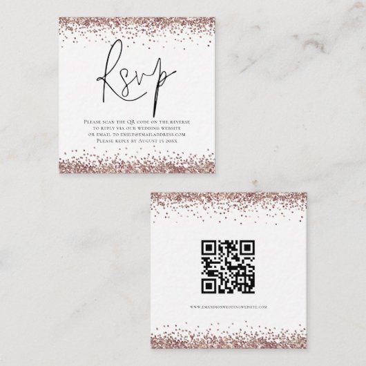 Elegant QR Code Roos Gold Glitter Wedding RSVP Informatiekaartje (Voorkant / Achterkant)