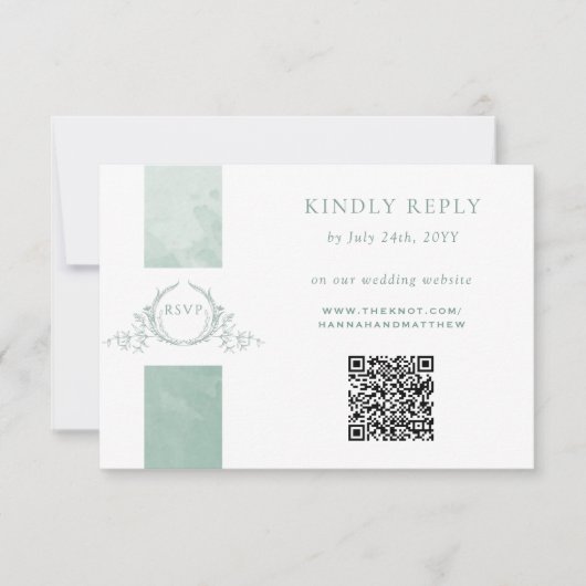 Elegant QR-code RSVP Bleek groen monogram huwelijk (Voorkant)