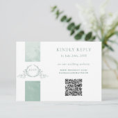 Elegant QR-code RSVP Bleek groen monogram huwelijk (Staand voorkant)