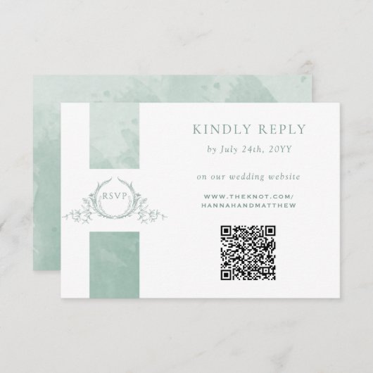 Elegant QR-code RSVP Bleek groen monogram huwelijk (Voorkant / Achterkant)