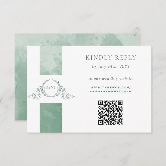 Elegant QR-code RSVP Green Monogram Weddenschap Informatiekaartje (Voorkant / Achterkant)