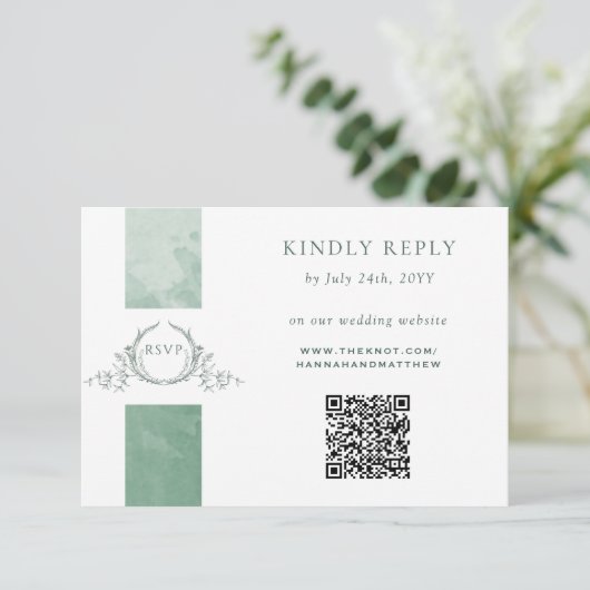 Elegant QR-code RSVP Green Monogram Weddenschap Informatiekaartje (Staand voorkant)