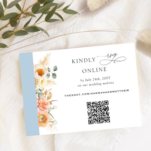 Elegant QR-code RSVP Peach en Blue Wedding Informatiekaartje