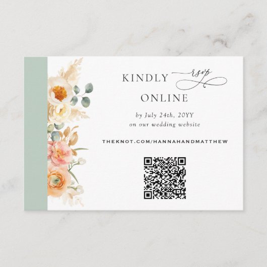 Elegant QR-code RSVP-peach en Sage Green Wedding Informatiekaartje (Voorkant)