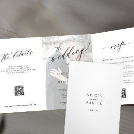 Elegant QR code RSVP photo white wedding Drieluik Uitnodiging