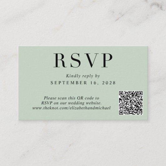 Elegant QR Code Sage Weddenschap RSVP Informatiekaartje (Voorkant)