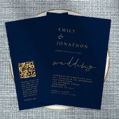 Elegant QR Code Script Navy Gold Wedding Invitatio Kaart