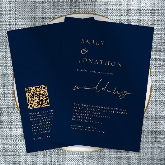 Elegant QR Code Script Navy Gold Wedding Invitatio Kaart