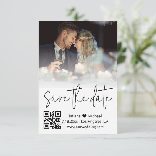elegant qr code trendy handschrift koppel foto save the date (Staand voorkant)
