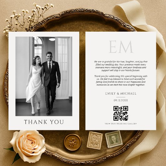 Elegant QR Code Wedding Photo Monogram Thank You Bedankkaart