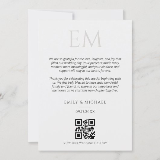 Elegant QR Code Wedding Photo Monogram Thank You Bedankkaart (Achterkant)