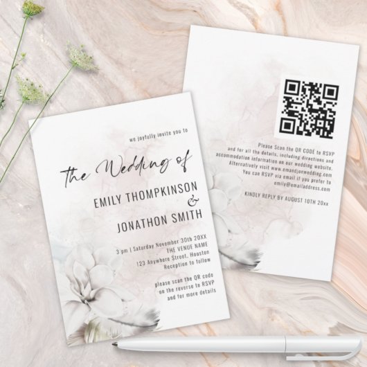 Elegant QR White Florals Waterverf Wedding Kaart