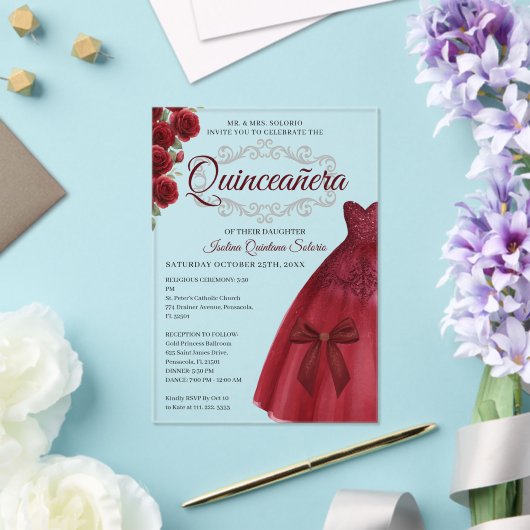 Elegant Quinceanera 15th Birthday Red Burgundy Acryl Uitnodigingen (Insitu (Huwelijk))