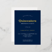 Elegant Quinceañera Birthday Party Navy Blue Glam Folie Uitnodiging Briefkaart (Voorkant / Achterkant)