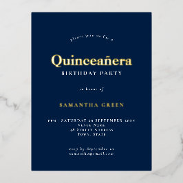 Elegant Quinceañera Birthday Party Navy Blue Glam Folie Uitnodiging Briefkaart