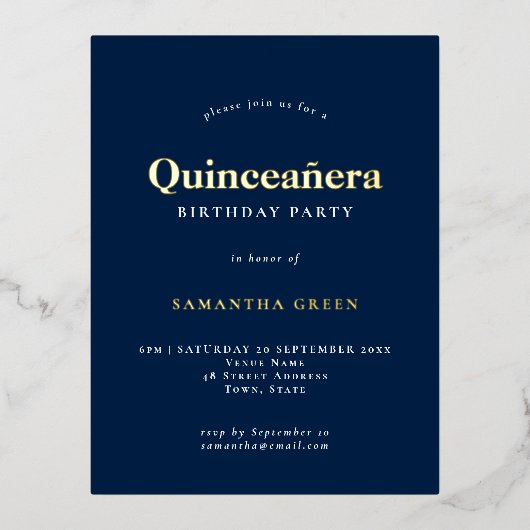 Elegant Quinceañera Birthday Party Navy Blue Glam Folie Uitnodiging Briefkaart (Voorkant)