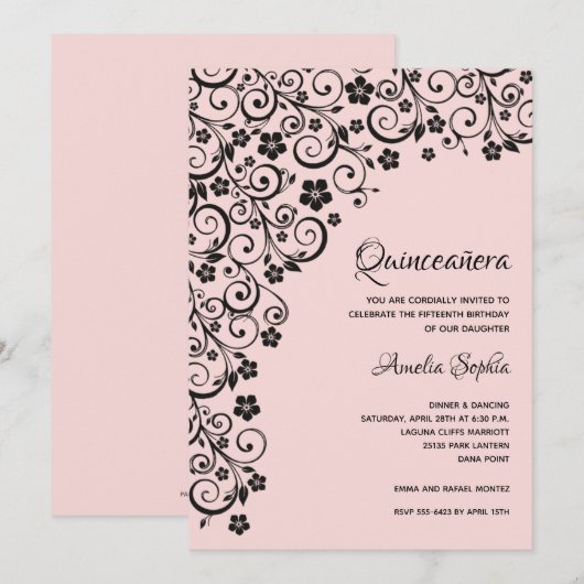 Elegant Quinceañera Black en Pink Kaart (Voorkant / Achterkant)
