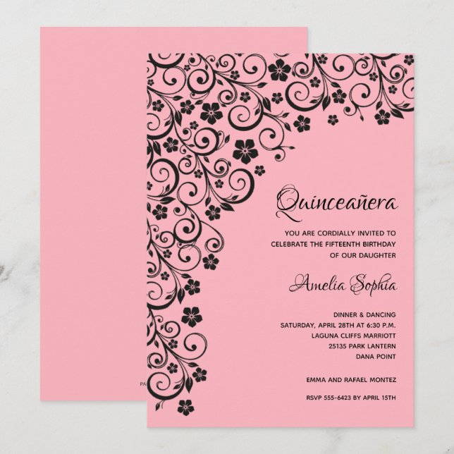 Elegant Quinceañera Black en Roze uitnodigingen (Voorkant / Achterkant)