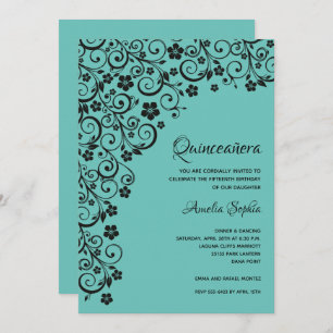 Elegant Quinceañera Black en Turquoise Invitation