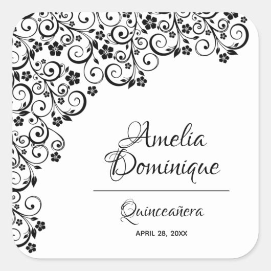 Elegant Quinceañera Black en White Vierkante Sticker (Voorkant)