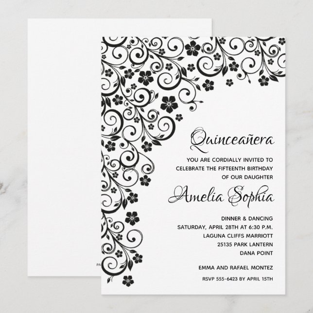 Elegant Quinceañera Black Swirls & Flowers (Voorkant / Achterkant)