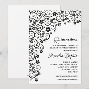 Elegant Quinceañera Black Swirls & Flowers