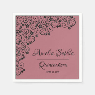 Elegant Quinceañera Black Swirls on Roos Gold Pink Servet