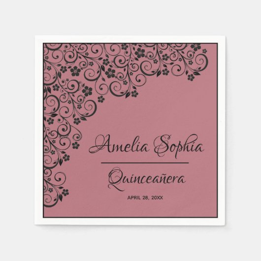 Elegant Quinceañera Black Swirls on Roos Gold Pink Servet (Voorkant)