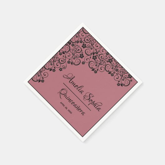 Elegant Quinceañera Black Swirls on Roos Gold Pink Servet (Hoek)